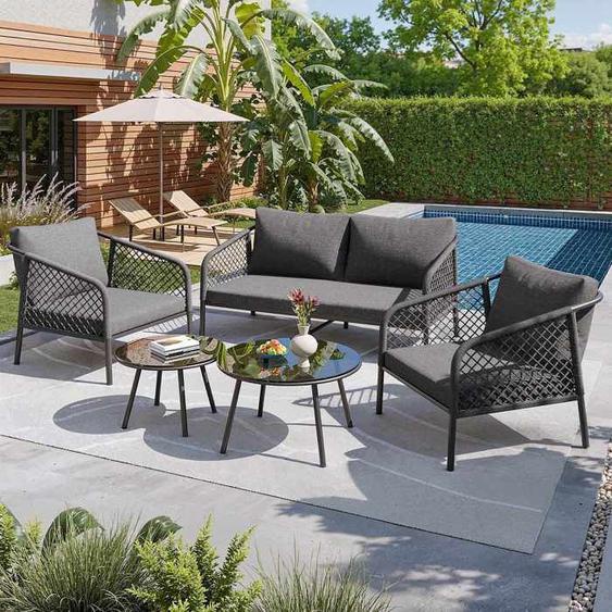 Salon de jardin 1 canapé 2 places + 2 fauteuils + 2 tables rondes - LEYTN - gris