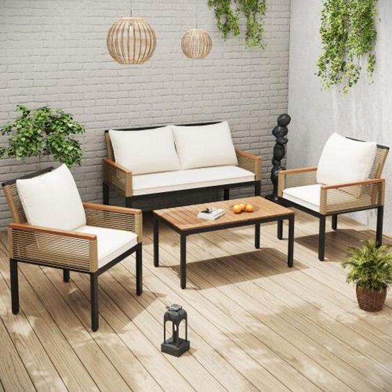 Salon de jardin,1 table basse - 1 canapé double - 2 fauteuils, pour 4 personnes, beige