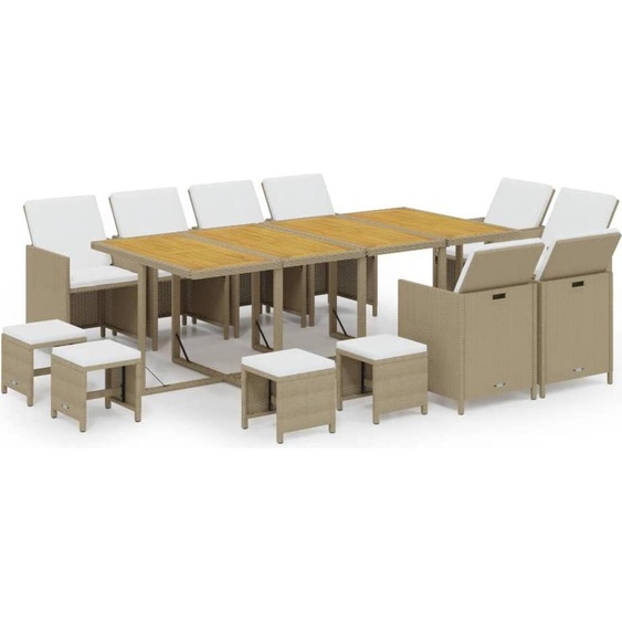 Ensemble de salon de jardin 13 pièces vidaXL avec coussins, en rotin synthétique beige