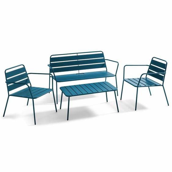 Salon de jardin 4 places et 1 table basse en acier bleu pacific