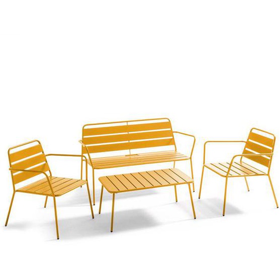 Salon de jardin 4 places et 1 table basse en acier jaune