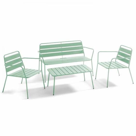 Salon de terrasse 4 places et 1 table basse en acier vert sauge