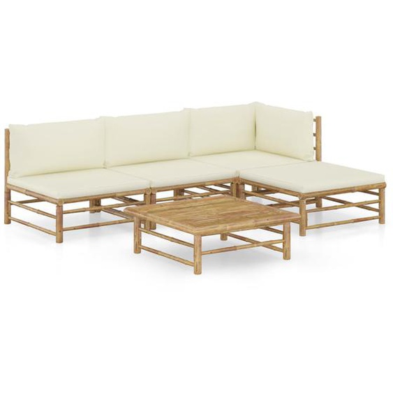 Salon de jardin 5 pcs avec coussins blanc crème bambou