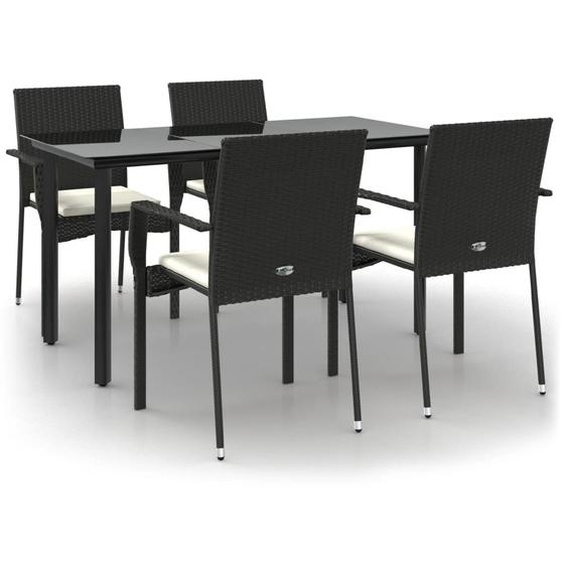 salon de jardin 5 pièces avec coussins Noir Poly Rattan