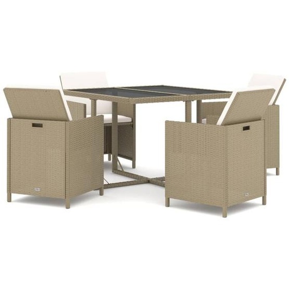 Ensemble à manger de jardin et coussins 5 pcs Poly rotin Beige