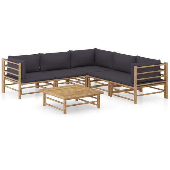 Salon de jardin 6 pcs avec coussins gris foncé bambou