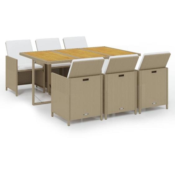 Ensemble à manger de jardin et coussins 7 pcs Poly rotin Beige