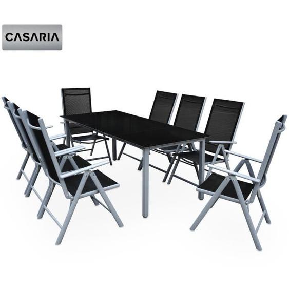 Salon de Jardin 8+1 Bern 1 table 8 chaises noir aluminium avec table en verre Ensemble de jardin argent