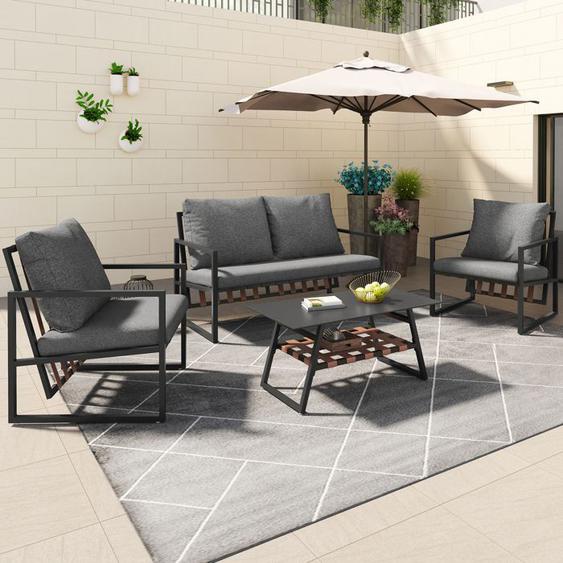 Salon de jardin - Acier - Table basse avec rangement - 4 personnes - Noir - Contemporain