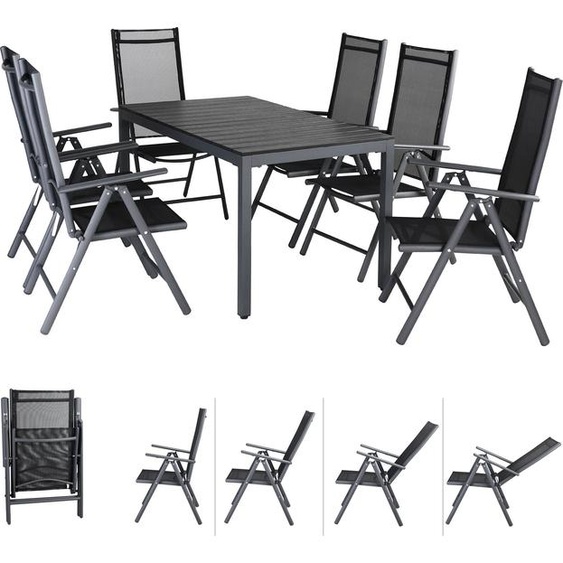 Salon de jardin aluminium Bern 6+1 anthracite table 140x80cm chaise haute pliante plateau WPC dossier 7 positions mobilier de jardin