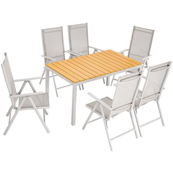 Salon de jardin aluminium Bern 6+1 chaise dossier haut pliable 7 positions table 140x80cm bois composition jardin terrasse