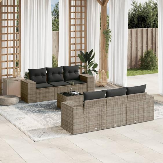 Salon de jardin avec coussins 7 pcs gris résine tressée