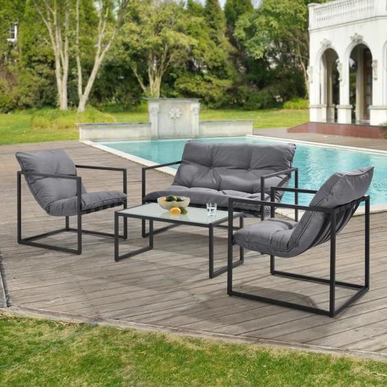 Salon de Jardin Dallas en Acier avec Coussins Bois Noir Gris