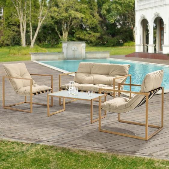 Salon de Jardin Dallas en Acier avec Coussins Imitation Bois Kaki Noir