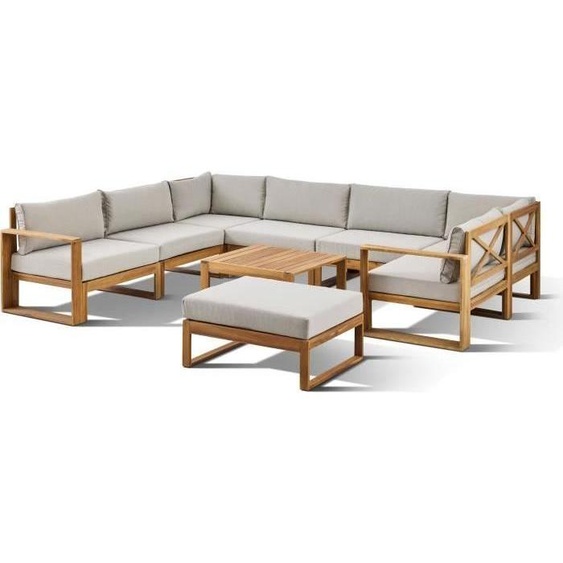 Salon de Jardin dAngle Modulable, LEVATA XXL, Bois dAcacia 9 Personnes, Gris de Lin, Housse Incluse