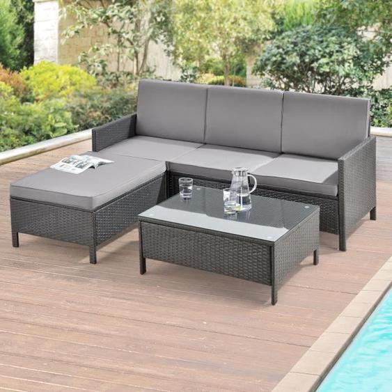 Salon de Jardin Design Rattan 4 Places Acier Polyrotin Verre Polyester Gris