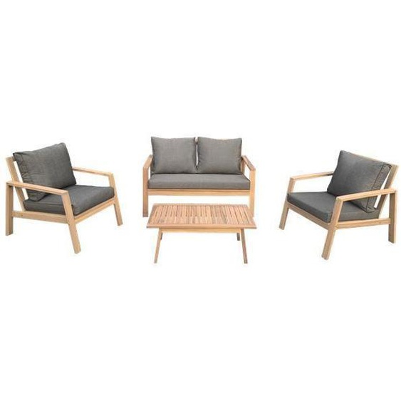 Salon de jardin en acacia 4 places GILI - HAPPY GARDEN - Ensemble table et chaises - Bois massif - Coussins gris