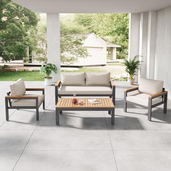 Salon de Jardin en acier Galvanisé - 4 Personnes - Canapé Fauteuils Table basse pour Extérieur Jardin Balcon Terrasse - Beige