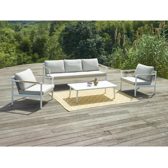Salon de jardin en aluminium : un canapé 3 places 2 fauteuils et une table basse - Blanc coussins beiges - LAKIT de MYLIA