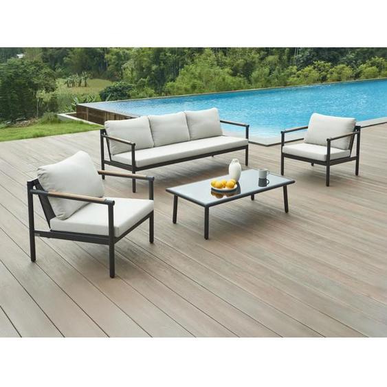 Salon de jardin en aluminium : un canapé 3 places 2 fauteuils et une table basse - Noir coussins beiges - LAKIT de MYLIA