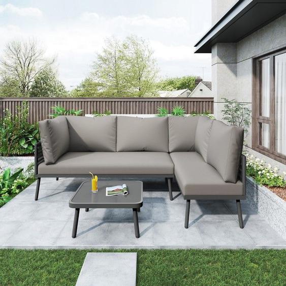 Salon de Jardin en Fer- Ensemble Meuble de Jardin en L- 2 Canapés et 1 Table - Fauteuil avec Coussins dassise -Gris