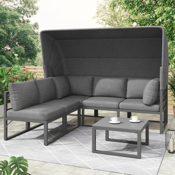 Salon de Jardin en Fer - Lit de Jardin Extérieur - Pare Soleil Réglable - Ensemble Canapé et Table - Bain de Soleil - LoungeGris