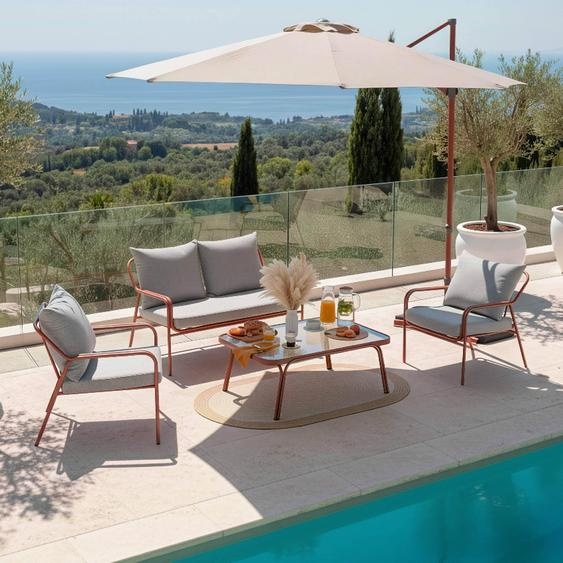 Salon de jardin en métal et verre trempé 4 places marron - Oviala Malte