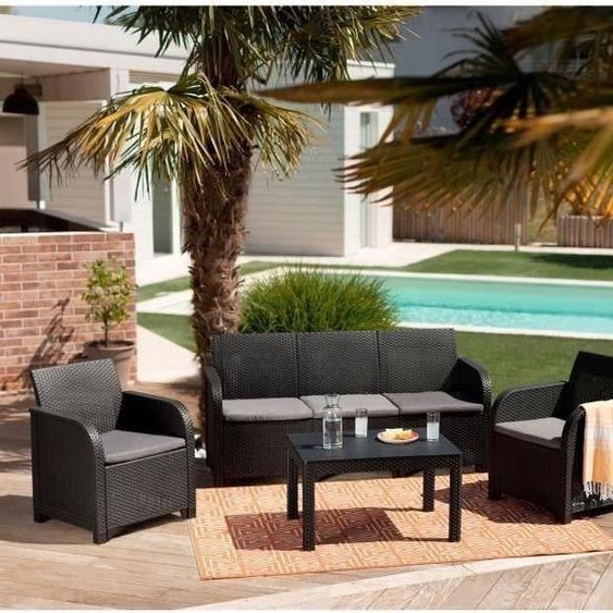 Salon de jardin résine imitation rotin tressé, 5 places, Allibert by KETER SanRemo, Gris graphite