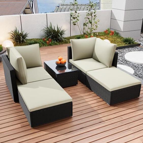 2 en 1 Canapé  de jardin en Résine tressé BIGZZIA, Salon de Jardin 2-4 Personnes, avec coussins, Noir