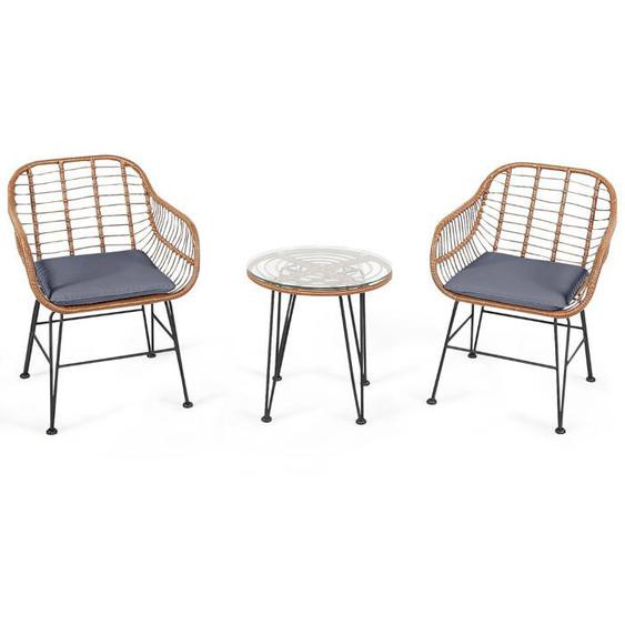 Salon de jardin en rotin 2 fauteuil + 1 table basse coussins amovibles style bali coloris gris
