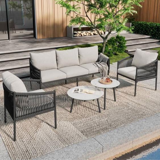 Salon de jardin - Ensemble de 5 meubles de jardin en rotin 1 table basse - 3 canapés - 2 fauteuils Gris
