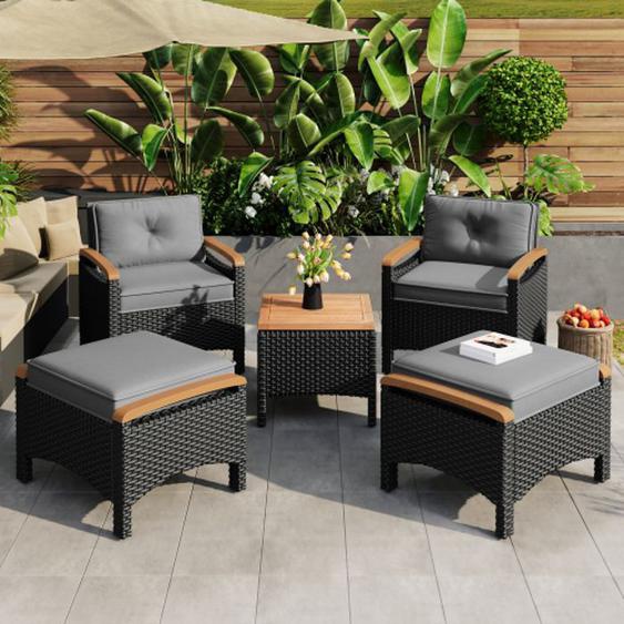 Salon de jardin ensemble de balcon en rotin avec deux chaises deux tabourets et une table gris + noir
