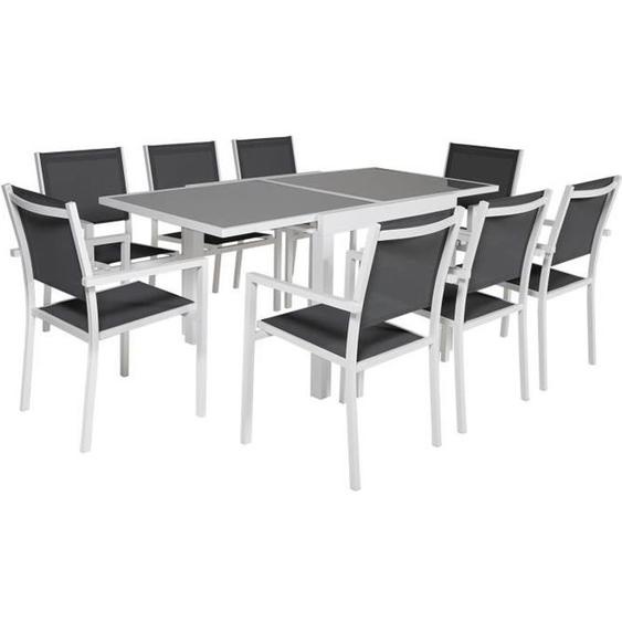 Salon de jardin extensible LAMPEDUSA en textilène gris 8 places - aluminium blanc