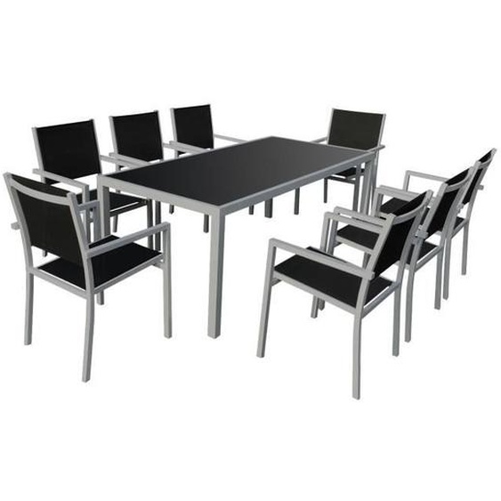 Salon de jardin - HAPPY GARDEN - BARI - 8 personnes - textilène noir - aluminium gris