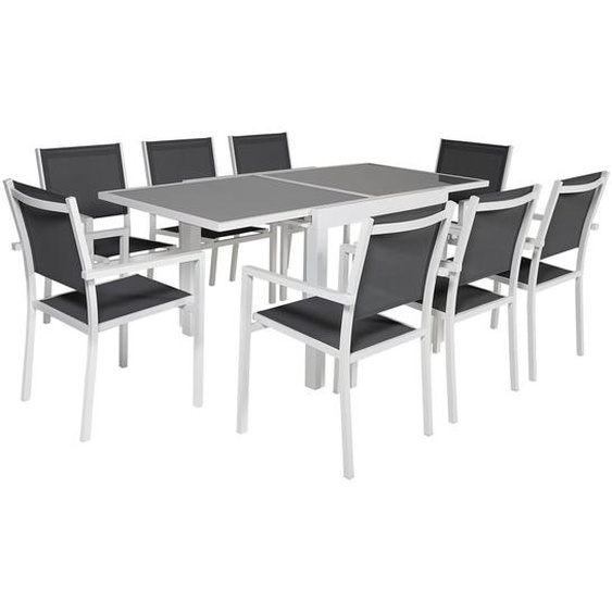 Salon de jardin LAMPEDUSA extensible en textilène gris 8 places - aluminium blanc