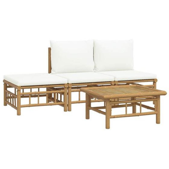Salon de jardin meuble d exterieur ensemble de mobilier 4 pieces avec coussins blanc creme bambou