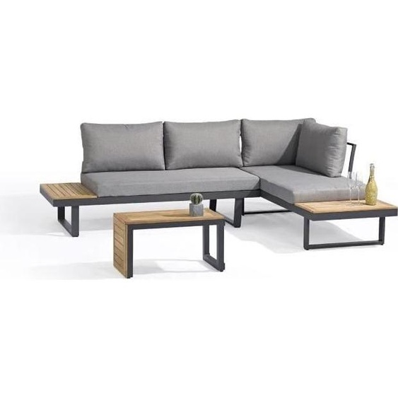 Salon de jardin modulable Aluminium DCB GARDEN TOKYO 4 places Gris anthracite et bois dacacia, Coussins déhoussables