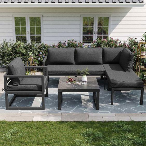 Salon de Jardin Modulable Salon de Jardin Bas - 2 banquettes + 1 chaise + 1 table + 1 banc en bois - LEYTN - gris