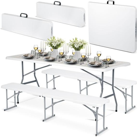 Salon de jardin pliant, table + 2 bancs, 180cm, blanc | Plonos