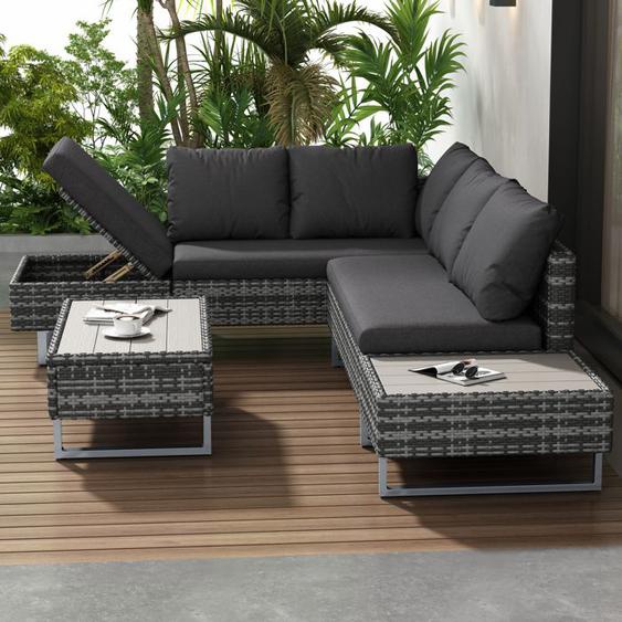 Salon de Jardin pour 4-5 Personnes - Canapé dangle+Table & Coussins - Canapé Lounge en Poly Rotin avec Espace de RangementGris