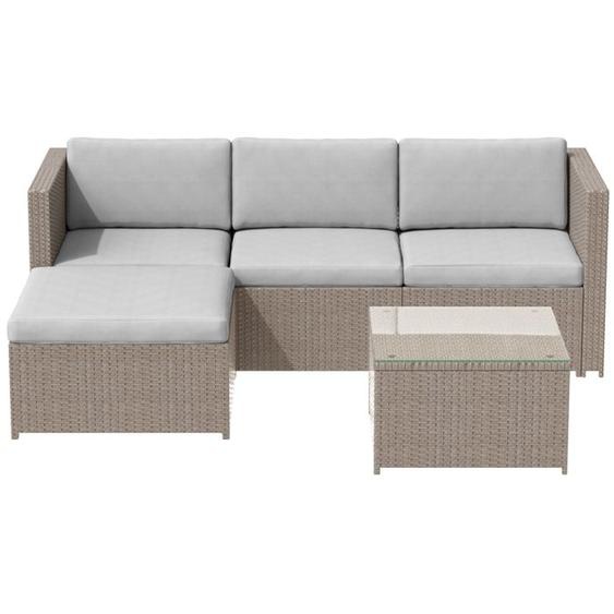 Salon de jardin rotin en polyéthylène traité aux UV-coussins dassise lavables et coussins-4 personnes-table basse en verre, kaki