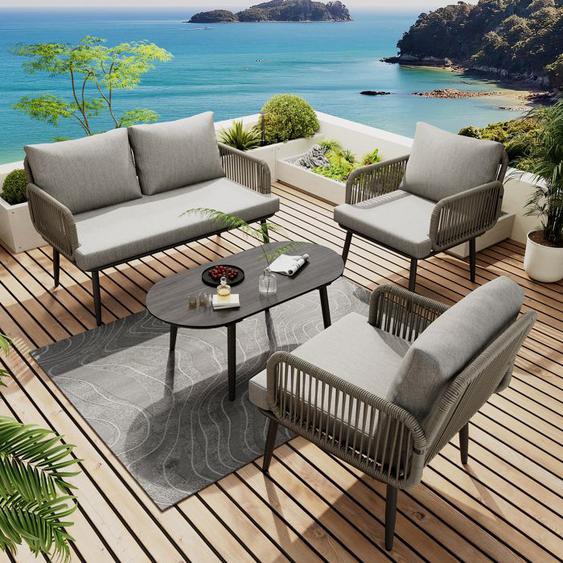 Salon de jardin - Structure Acier - 1 Table basse en verre veiné - 4 personnes - Gris