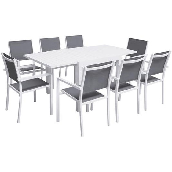 Salon de jardin VENEZIA extensible 90/180 en textilène gris 8 places - aluminium blanc
