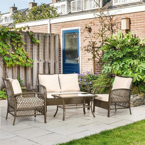 Salon Jardin 4 places Colonial Table BasseCoussins BeigeRésine Tressée Marron Clair