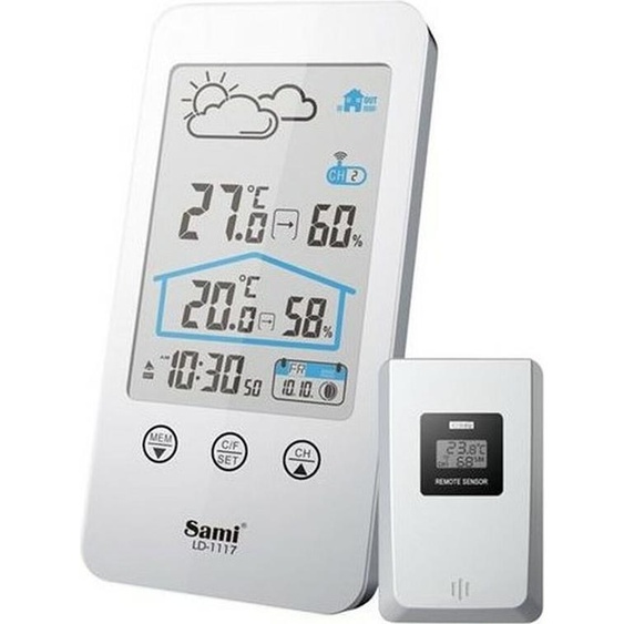 Sami Sami-LD1117P Station météo verticale sans fil avec écran tactile et lumière LED. Phase de lune, thermomètre, hygromètre, prévisions météo, calendrier et multi-langue.