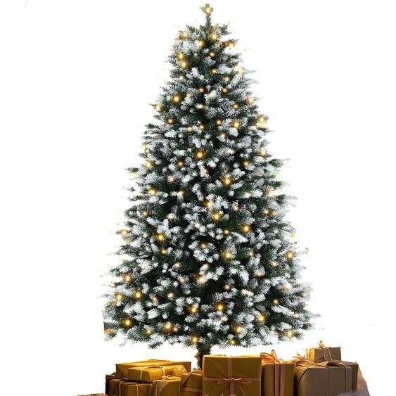 sapin de Noël artificiel de 183cm avec éclairage et neige blanche, sapin LED pour décoration de Noël avec de vraies pommes de pin, résistant au feu