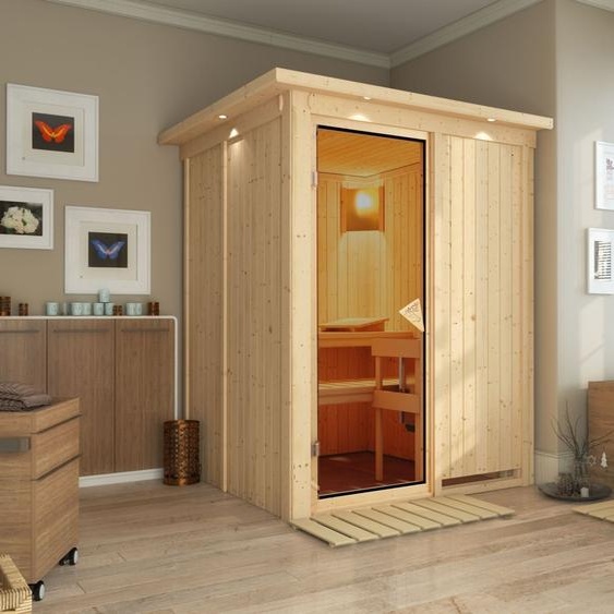 Sauna Karibu System 230 volts Minja (entrée frontale) 68 mm avec corniche de toit, poêle 3,6 kW etexterne inclus
