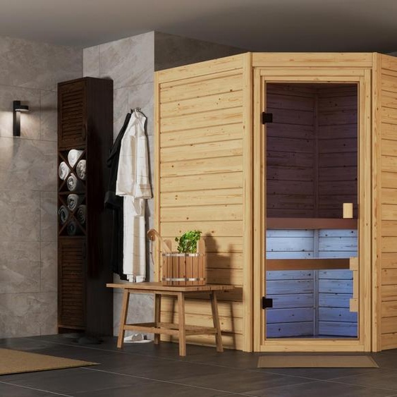 Sauna dintérieur Karibu, sauna domestique, sauna en bois massif INA 196 x 170 cm, entrée dangle, sans accessoires