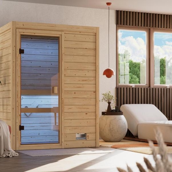 Sauna dintérieur Karibu, sauna domestique, sauna en bois massif RIA 148 x 145 cm, accès frontal, avec poêlede 3,6 kW etexterne (230 V)