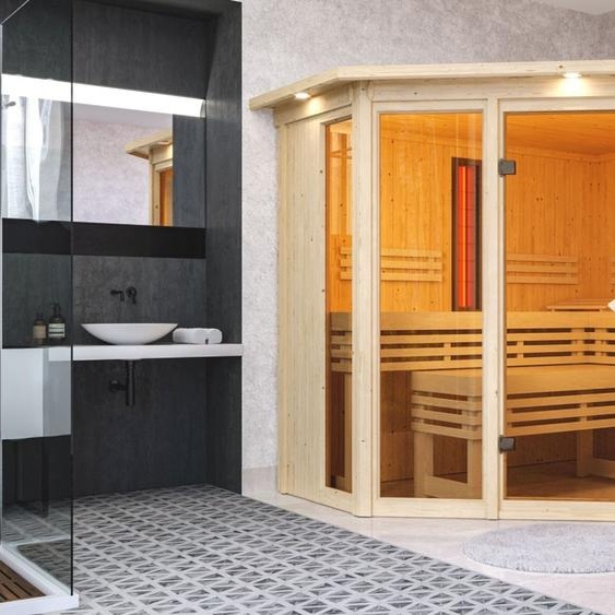 Sauna Karibu Asta tout en verre (accès frontal), porte entièrement vitrée, finition bronze, poêle 9 kWavecexterne « easy »